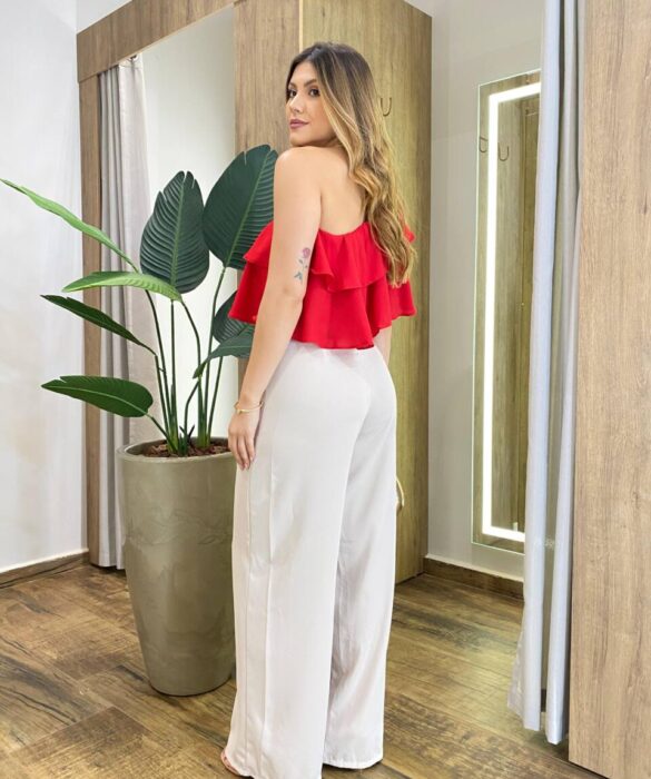 Blusa Feminina Nula Manga Rita Crepe com Babados Vermelha - Fernanda Ramos Store