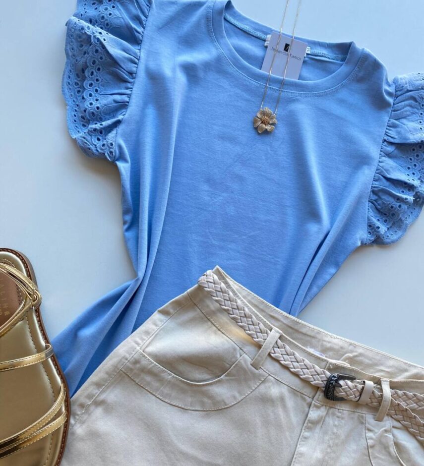 Blusa Feminina Stella com Detalhe em Laise na Manga Azul - Fernanda Ramos Store