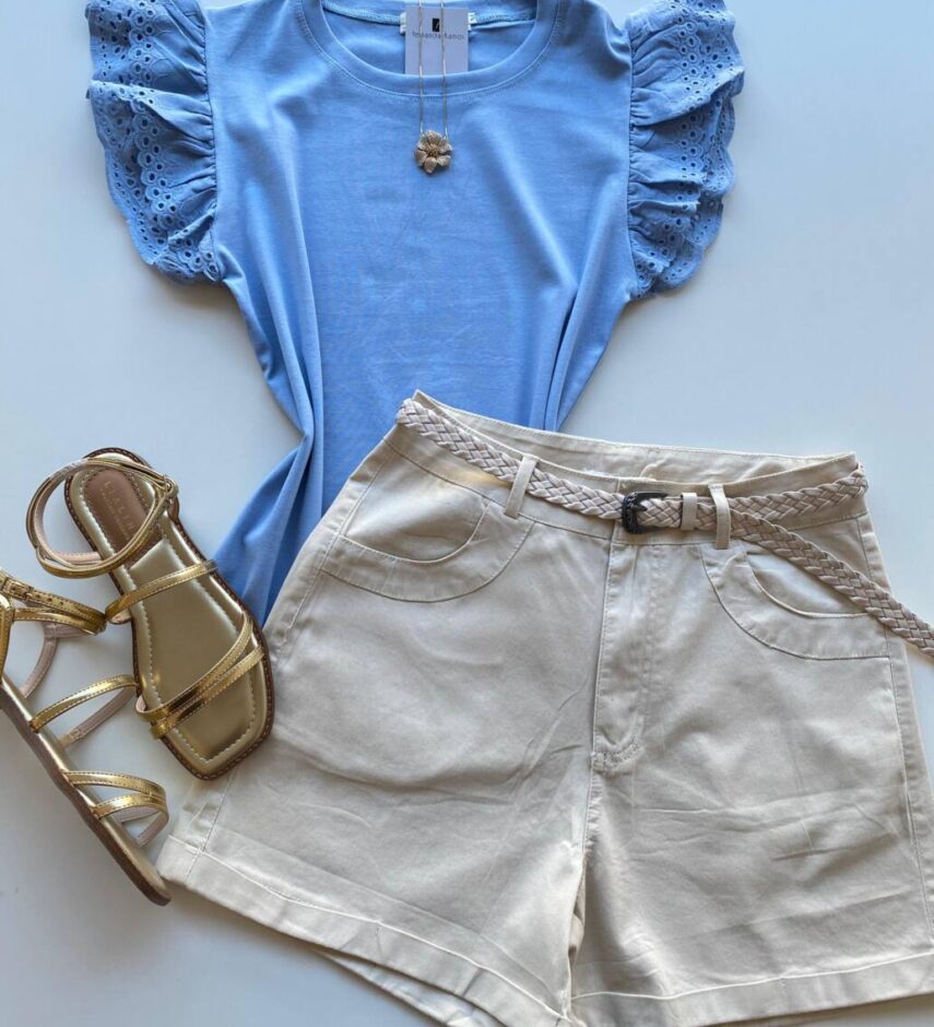 Blusa Feminina Stella com Detalhe em Laise na Manga Azul - Fernanda Ramos Store