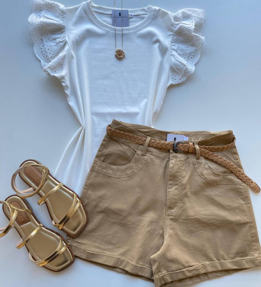 Blusa Feminina Stella com Detalhe em Laise na Manga Branca - Fernanda Ramos Store
