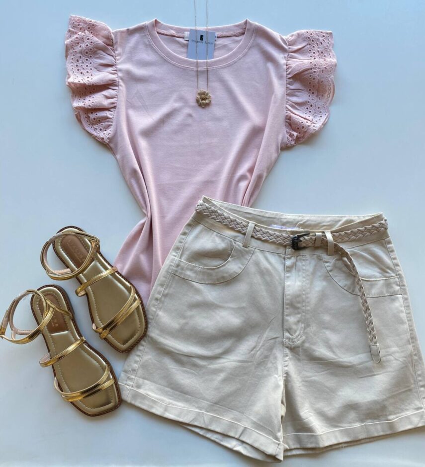 Blusa Feminina Stella com Detalhe em Laise na Manga Rosa - Fernanda Ramos Store