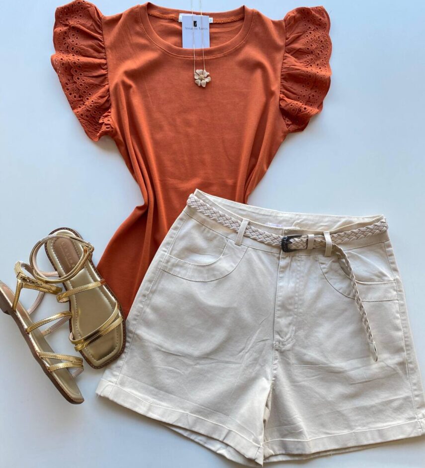 Blusa Feminina Stella com Detalhe em Laise na Manga Terracota - Fernanda Ramos Store