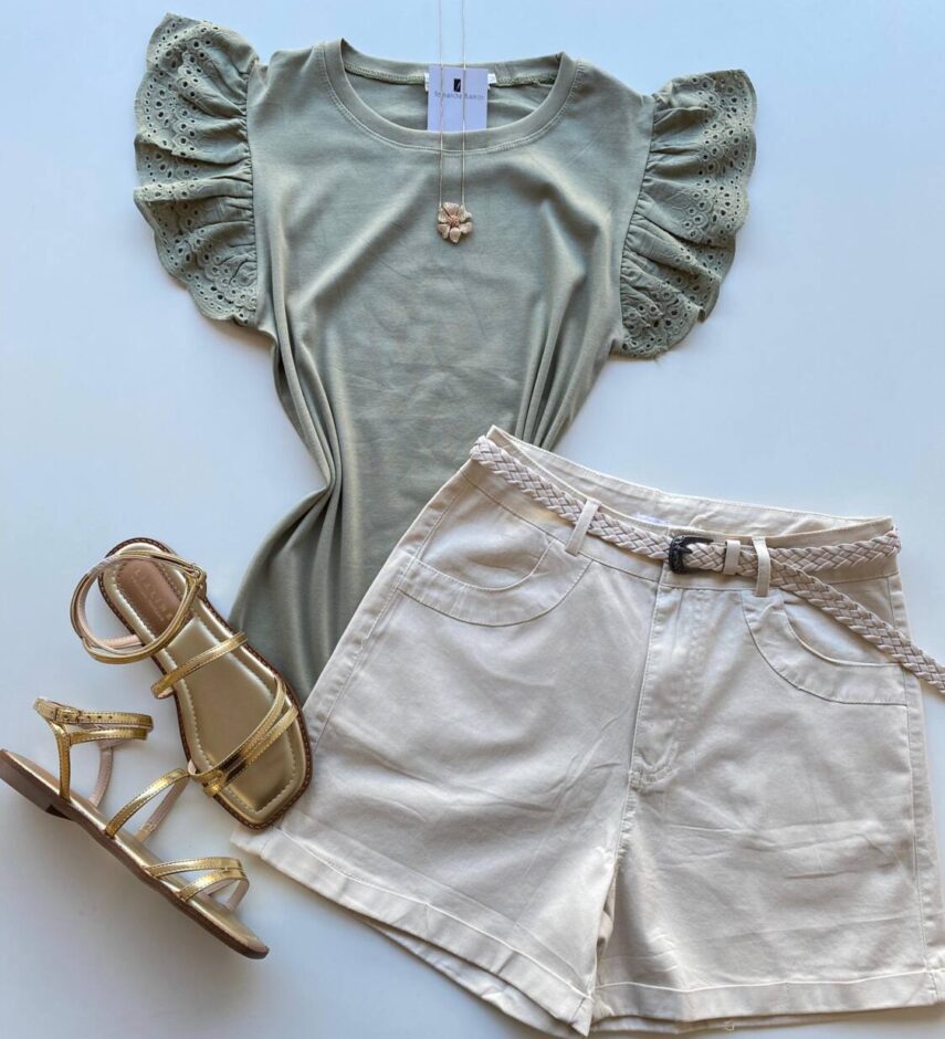 Blusa Feminina Stella com Detalhe em Laise na Manga Verde Oliva - Fernanda Ramos Store