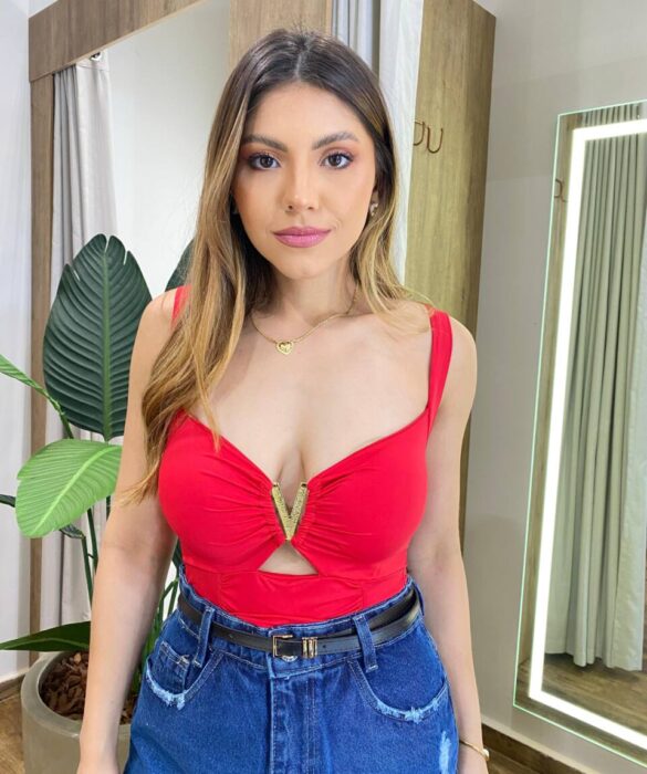 Body Feminino Ingrid Detalhe Dourado com Bojo Vermelho - Fernanda Ramos Store