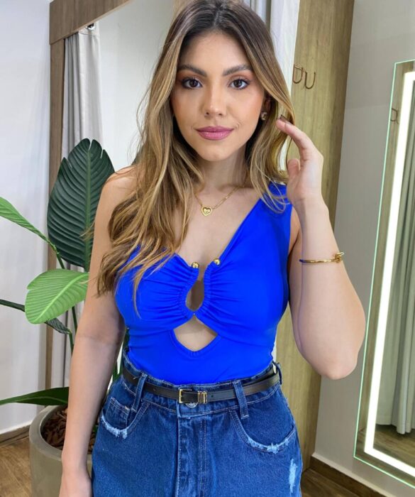 Body Feminino Luara Nula Manga com Bojo e Detalhes Azul Royal - Fernanda Ramos Store