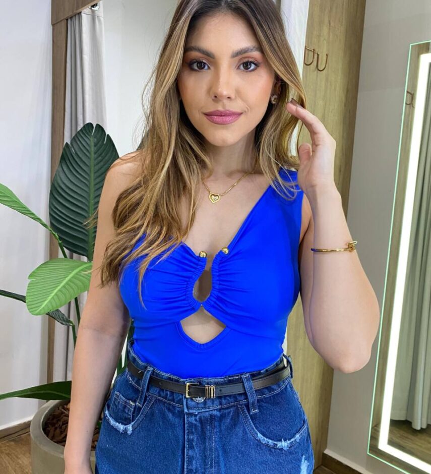 Body Feminino Luara Nula Manga com Bojo e Detalhes Azul Royal - Fernanda Ramos Store