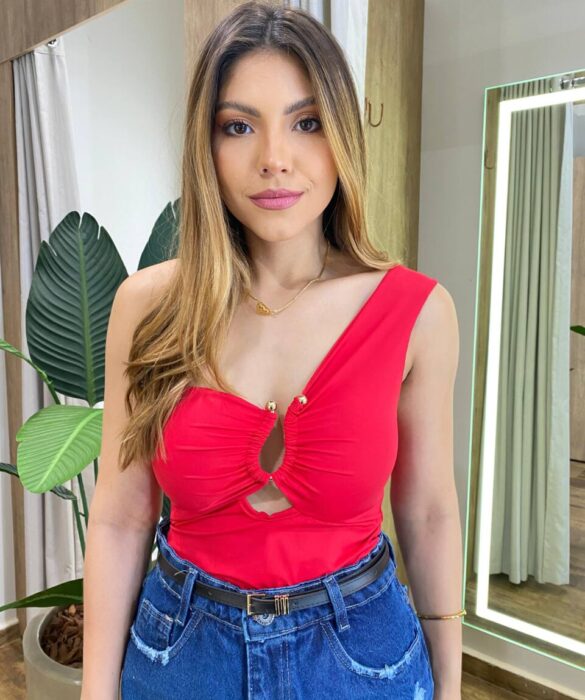 Body Feminino Luara Nula Manga com Bojo e Detalhes Vermelho - Fernanda Ramos Store