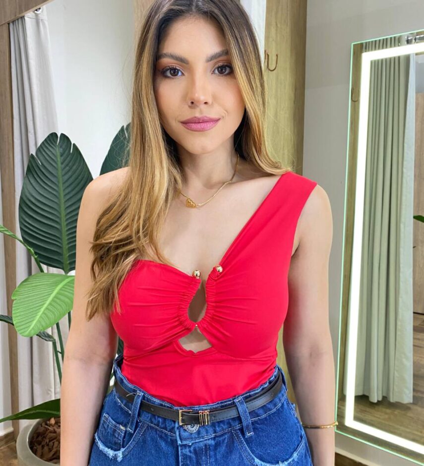 Body Feminino Luara Nula Manga com Bojo e Detalhes Vermelho - Fernanda Ramos Store