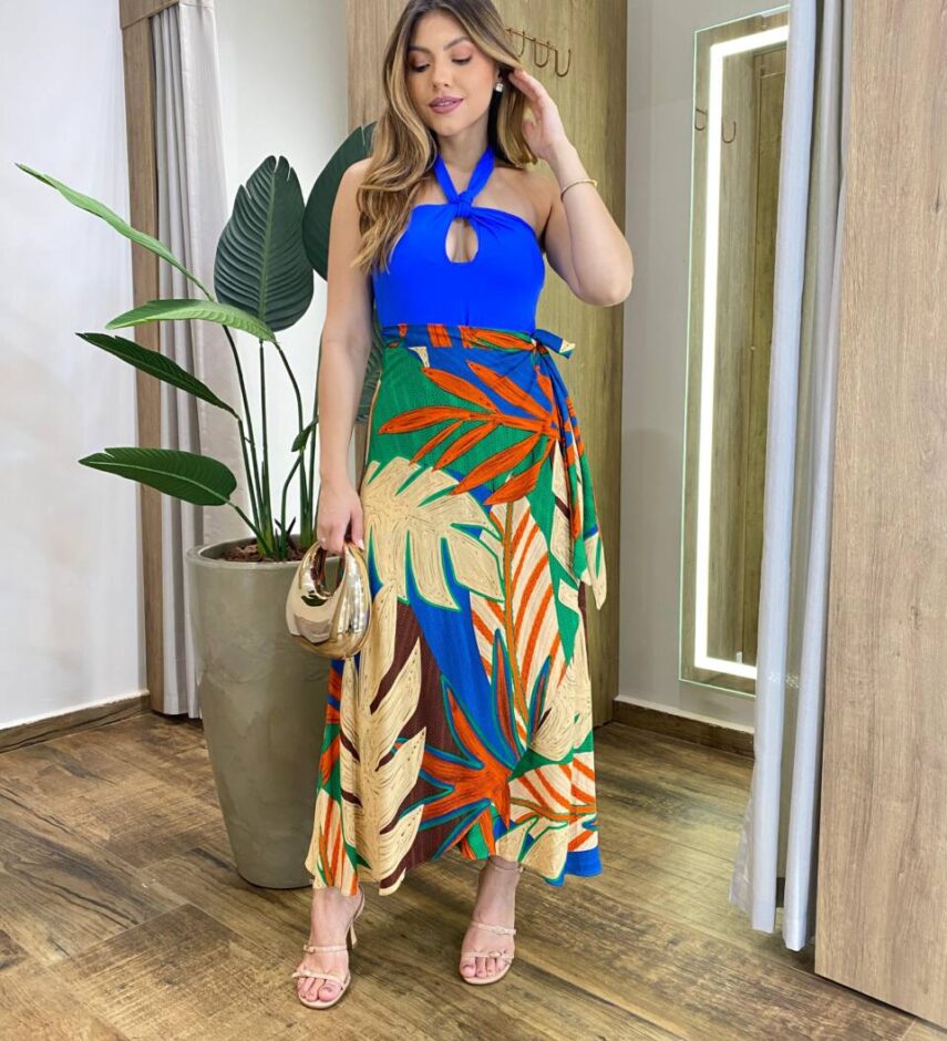 Body Feminino Uly sem Bojo com Amarração no Pescoço Azul - Fernanda Ramos Store