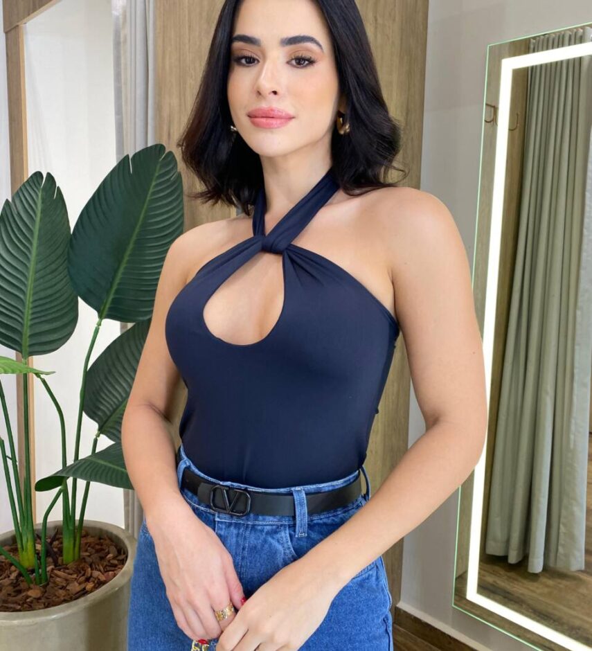 Body Feminino Uly sem Bojo com Amarração no Pescoço Preto - Fernanda Ramos Store