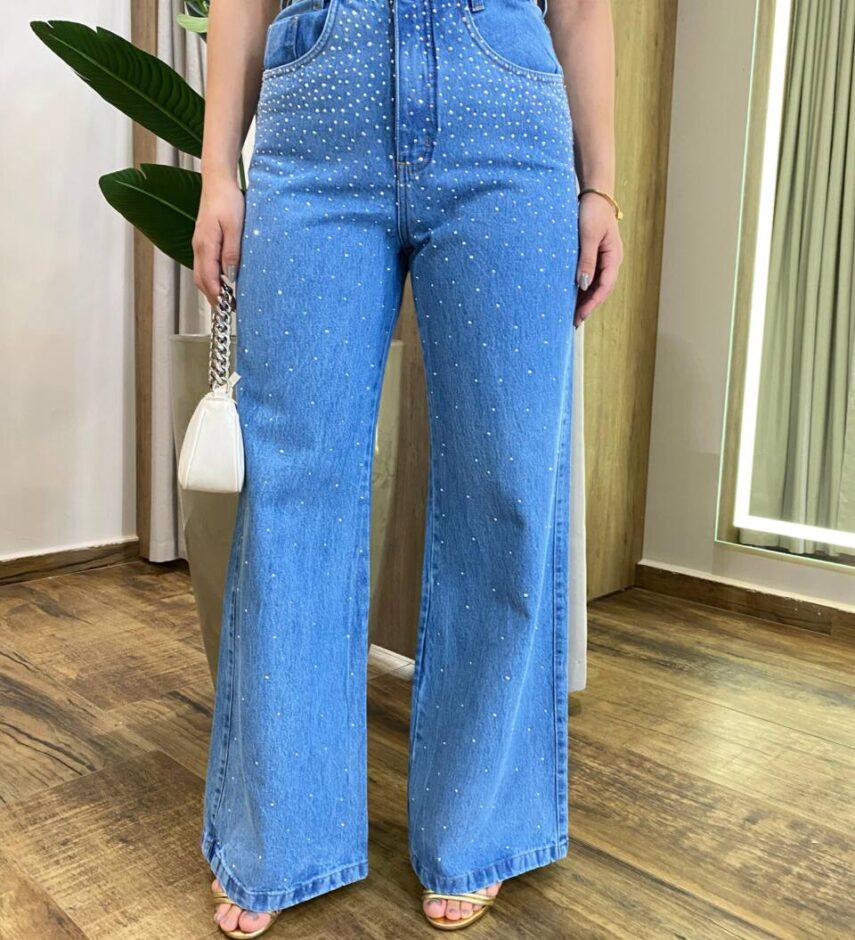 Calça Jeans Feminina Claire Wide Leg com Aplicações 964 - Fernanda Ramos Store