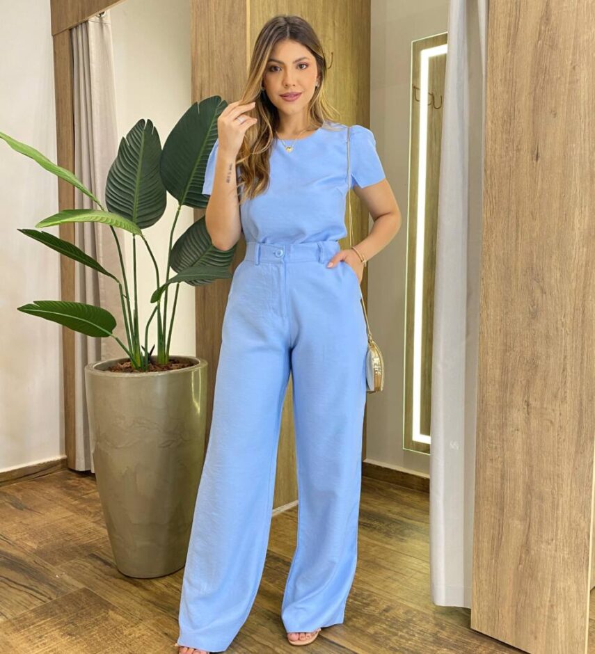 Conjunto Feminino Alfaiataria Isa Cropped e Calça Pantalona Azul - Fernanda Ramos Store
