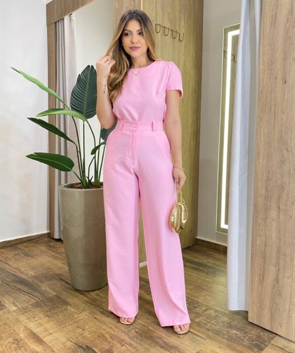 Conjunto Feminino Alfaiataria Isa Cropped e Calça Pantalona Rosa - Fernanda Ramos Store