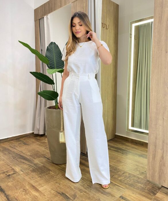 Conjunto Feminino Alfaiataria Isa Cropped e Calça Pantalona Off White - Fernanda Ramos Store