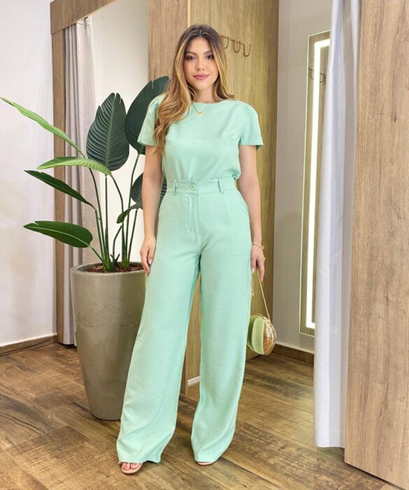 Conjunto Feminino Alfaiataria Isa Cropped e Calça Pantalona Verde - Fernanda Ramos Store