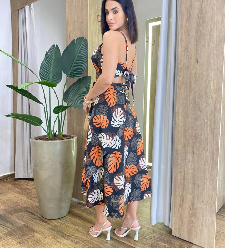 Conjunto Feminino Cropped e Saia Midi Envelope Preto Estampado - Fernanda Ramos Store