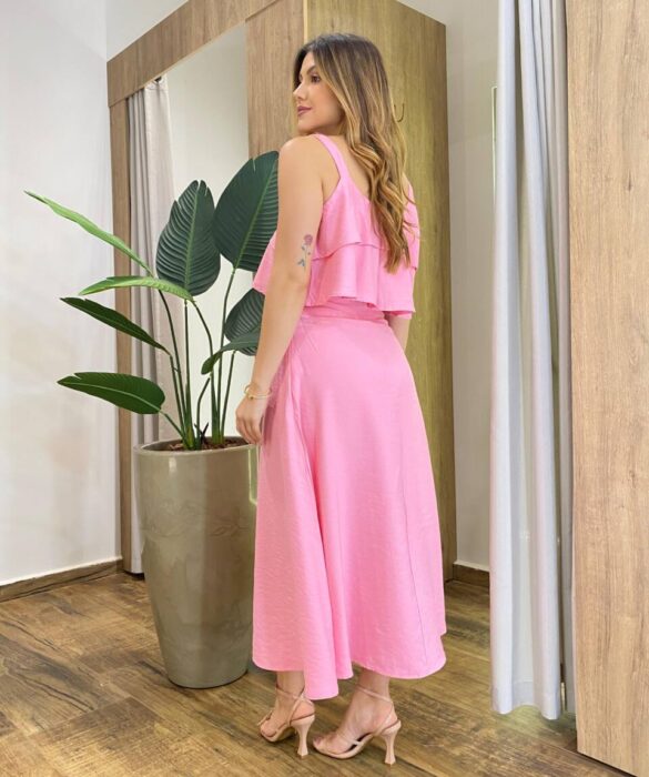 Conjunto Feminino Ester Cropped Babado sem Bojo e Saia Midi Rosa - Fernanda Ramos Store