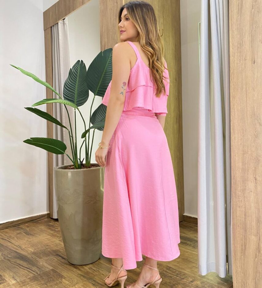 Conjunto Feminino Ester Cropped Babado sem Bojo e Saia Midi Rosa - Fernanda Ramos Store