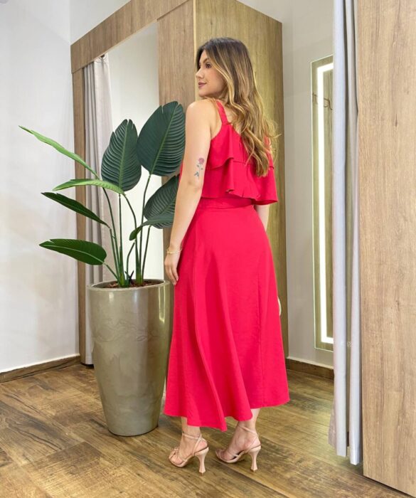 Conjunto Feminino Ester Cropped Babado sem Bojo e Saia Midi Vermelho - Fernanda Ramos Store