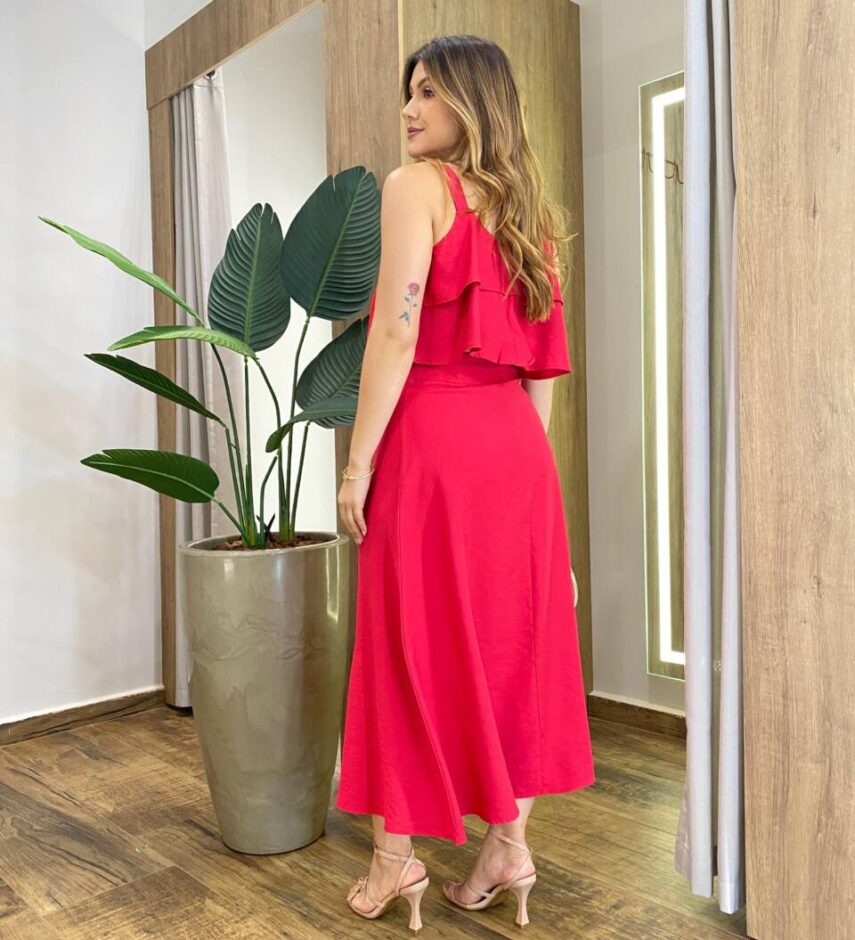 Conjunto Feminino Ester Cropped Babado sem Bojo e Saia Midi Vermelho - Fernanda Ramos Store