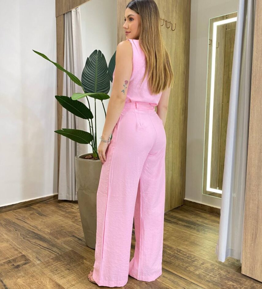 Conjunto Feminino Fernanda Regata e Calça Pantalona Rosa Claro - Fernanda Ramos Store