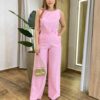 Conjunto Feminino Fernanda Regata e Calça Pantalona Rosa Claro - Fernanda Ramos Store