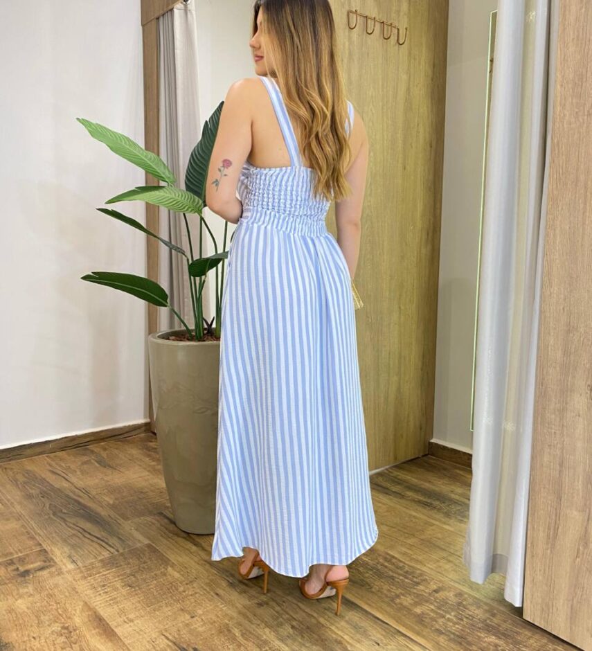 Conjunto Feminino Lia Cropped com Bojo e Saia Midi Listrado de Azul - Fernanda Ramos Store