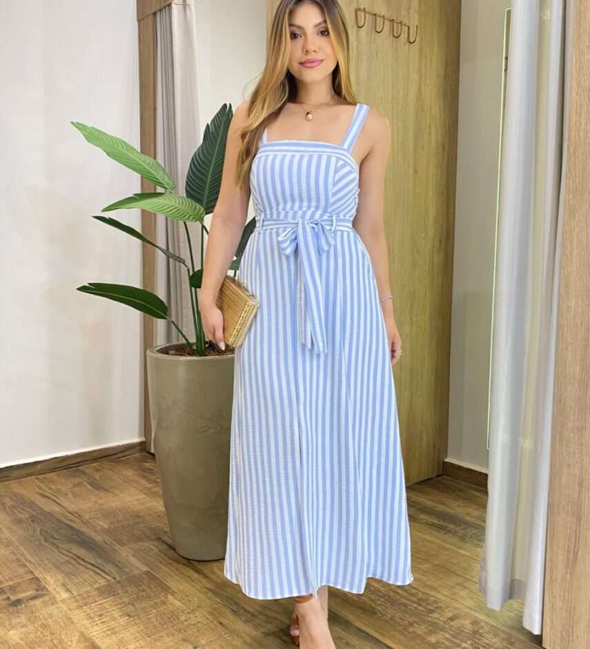 Conjunto Feminino Lia Cropped com Bojo e Saia Midi Listrado de Azul - Fernanda Ramos Store