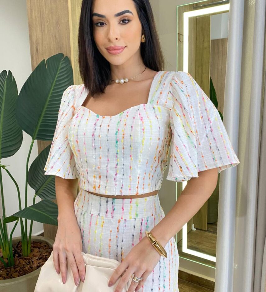 Conjunto Feminino Mary Cropped e Saia Midi Off White Listrado - Fernanda Ramos Store