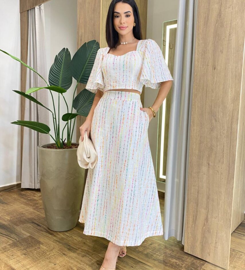 Conjunto Feminino Mary Cropped e Saia Midi Off White Listrado - Fernanda Ramos Store