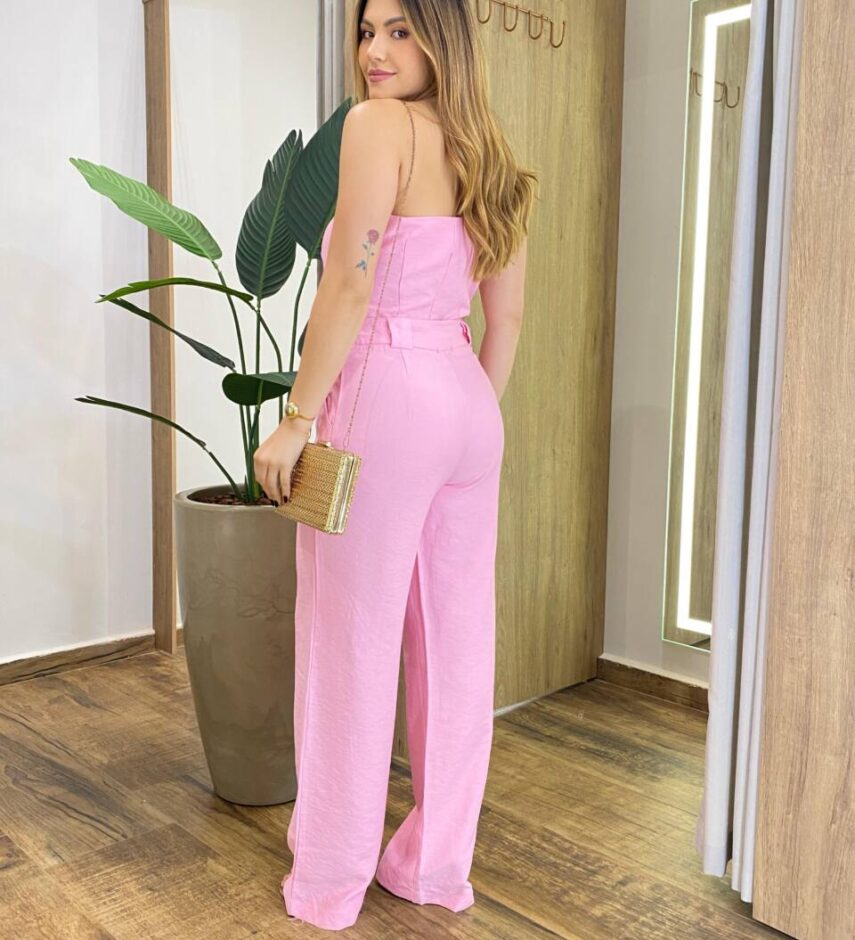 Conjunto Feminino Núbia Cropped Nula Manga e Calça Pantalona Rosa - Fernanda Ramos Store