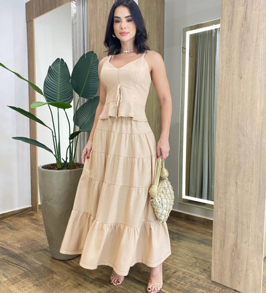 Conjunto Feminino Viscolinho Cropped sem Bojo e Saia Longa Bege - Fernanda Ramos Store