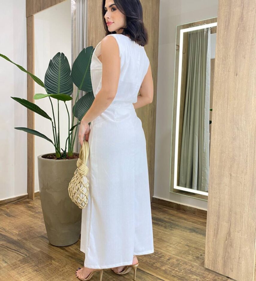 Conjunto Feminino Viscolinho Flora Regata e Saia Midi Off White - Fernanda Ramos Store
