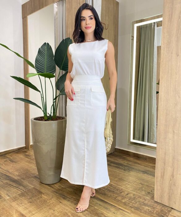 Conjunto Feminino Viscolinho Flora Regata e Saia Midi Off White - Fernanda Ramos Store