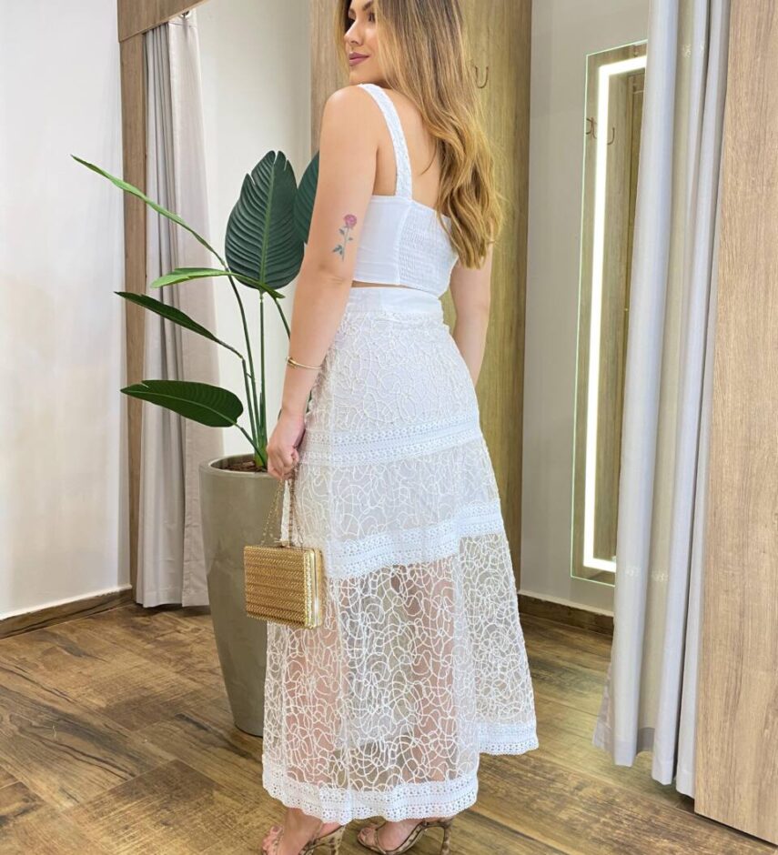 Conjunto Feminino Visolinho Hanna Cropped sem Bojo e Saia Longa Branco - Fernanda Ramos Store