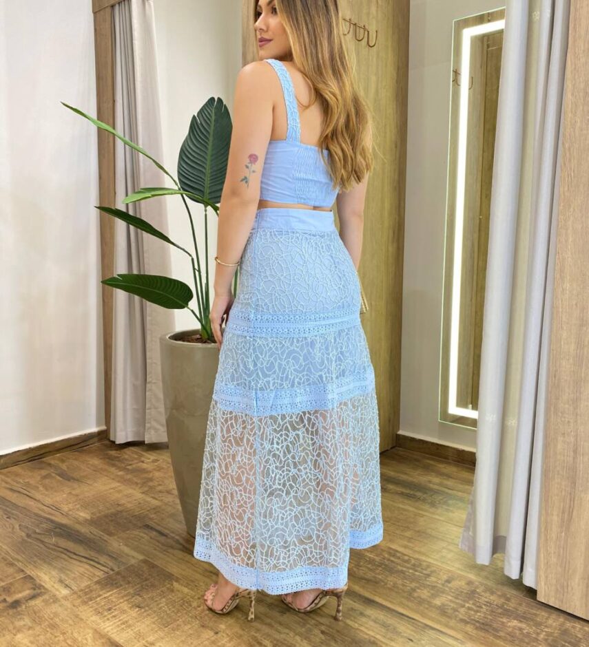Conjunto Feminino Visolinho Hanna Cropped sem Bojo e Saia Longa Azul - Fernanda Ramos Store