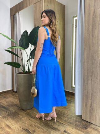 Conjunto Júlia Sarja com Elastano Cropped sem Bojo e Saia Midi Azul - Fernanda Ramos Store