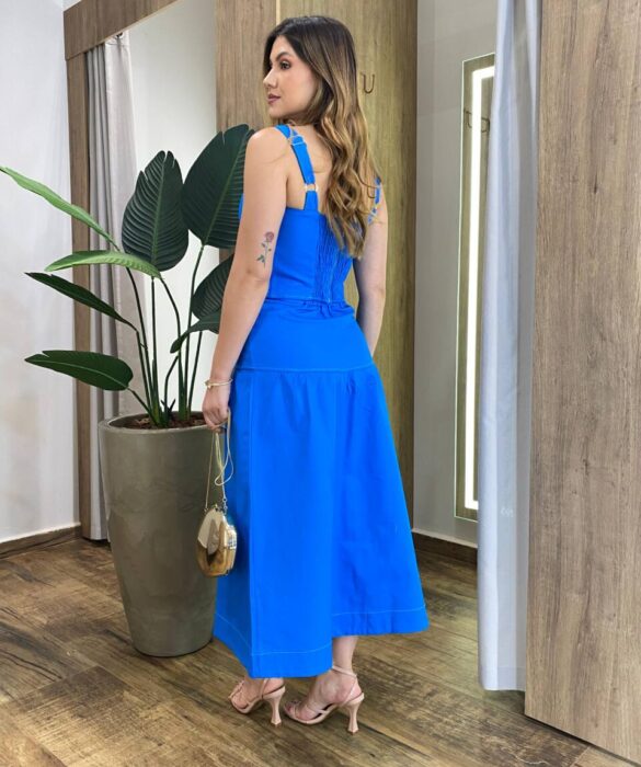 Conjunto Júlia Sarja com Elastano Cropped sem Bojo e Saia Midi Azul - Fernanda Ramos Store