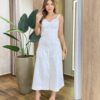 Conjunto Júlia Sarja com Elastano Cropped sem Bojo e Saia Midi Off White - Fernanda Ramos Store