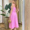 Conjunto Júlia Sarja com Elastano Cropped sem Bojo e Saia Midi Rosa - Fernanda Ramos Store