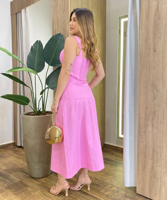 Conjunto Júlia Sarja com Elastano Cropped sem Bojo e Saia Midi Rosa - Fernanda Ramos Store