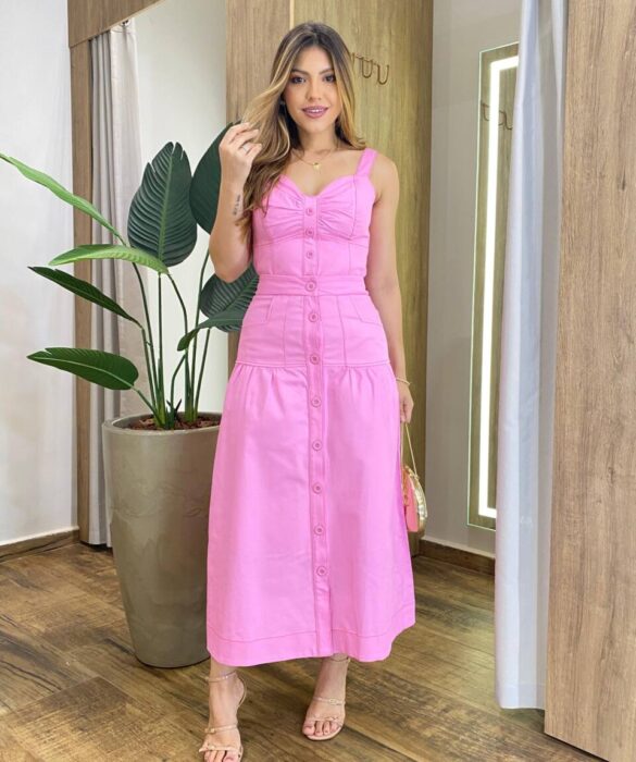 Conjunto Júlia Sarja com Elastano Cropped sem Bojo e Saia Midi Rosa - Fernanda Ramos Store