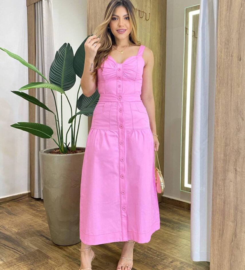 Conjunto Júlia Sarja com Elastano Cropped sem Bojo e Saia Midi Rosa - Fernanda Ramos Store