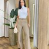 Cropped Feminino Inês com Bojo Gola Alta Plissada Off White - Fernanda Ramos Store