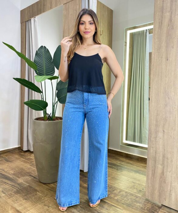 Cropped Feminino Liz sem Bojo Detalhe Alça em Strass Preto - Fernanda Ramos Store