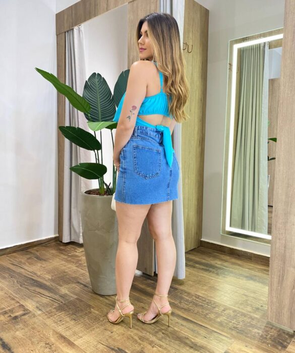 Cropped Feminino Maitê Plissado Alça Regulável com Bojo Azul - Fernanda Ramos Store