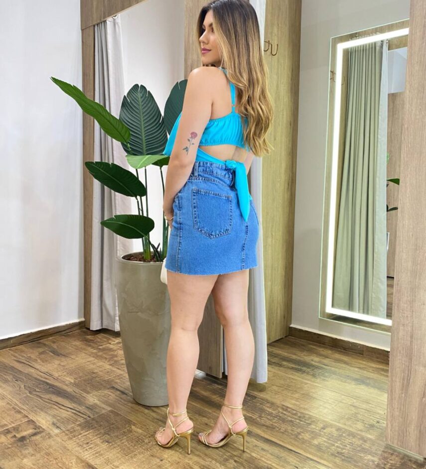 Cropped Feminino Maitê Plissado Alça Regulável com Bojo Azul - Fernanda Ramos Store