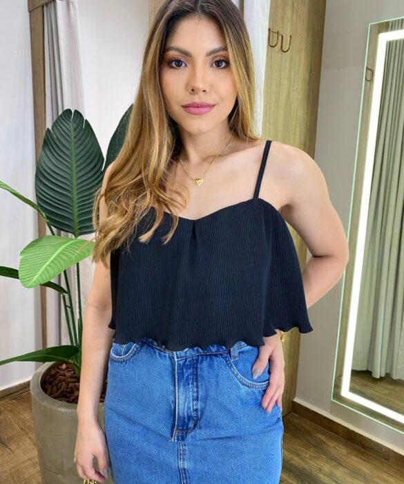 Cropped Feminino Maitê Plissado Alça Regulável com Bojo Preto - Fernanda Ramos Store