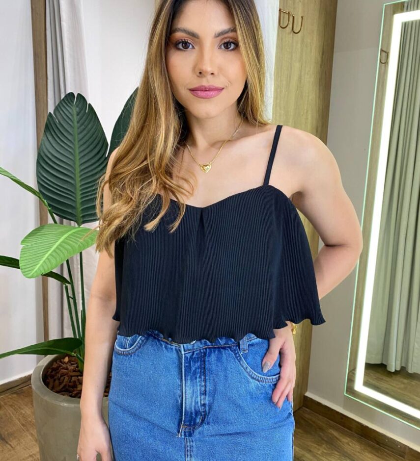 Cropped Feminino Maitê Plissado Alça Regulável com Bojo Preto - Fernanda Ramos Store