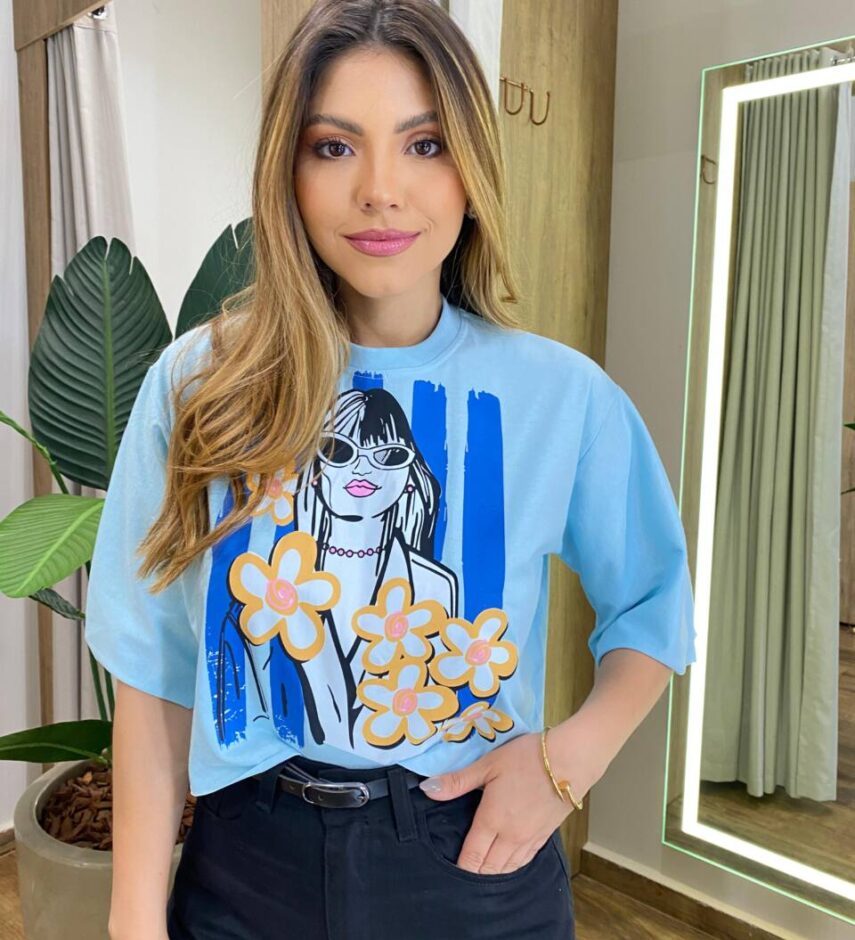 Cropped Feminino Manga Curta Alana Estampado Azul - Fernanda Ramos Store